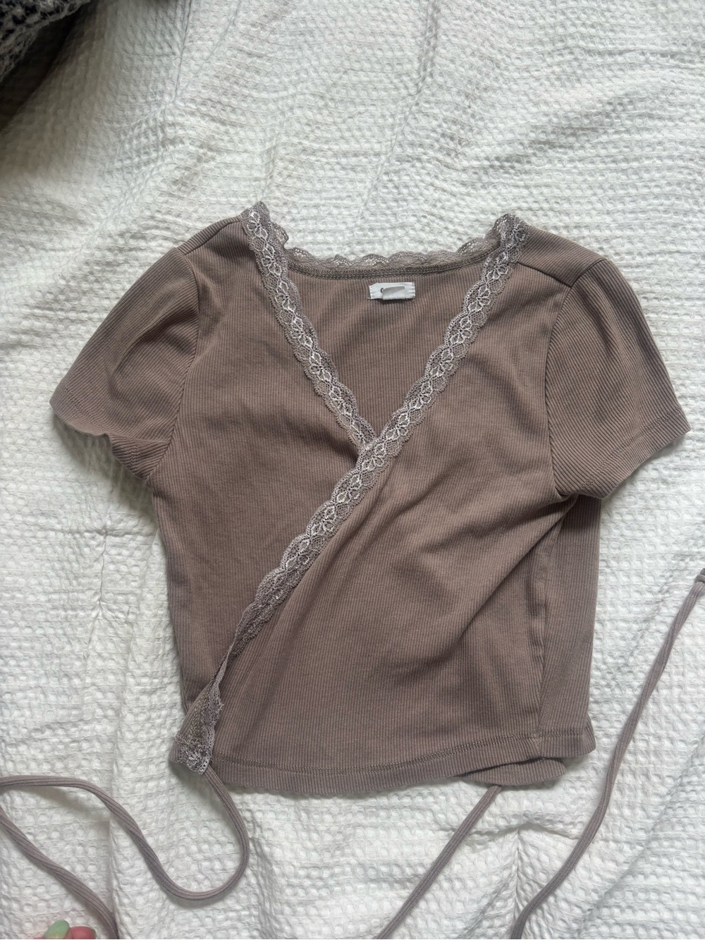Garage Lace-Trim Ribbed Wrap Crop Top - Taupe